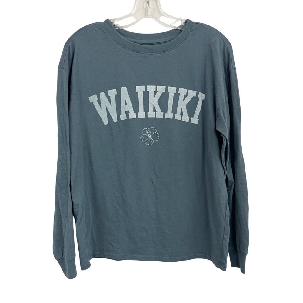 Beachly Wakiki Blue Long‎ Sleeve Crewneck Graphic Tee Beachy Boho Size Small